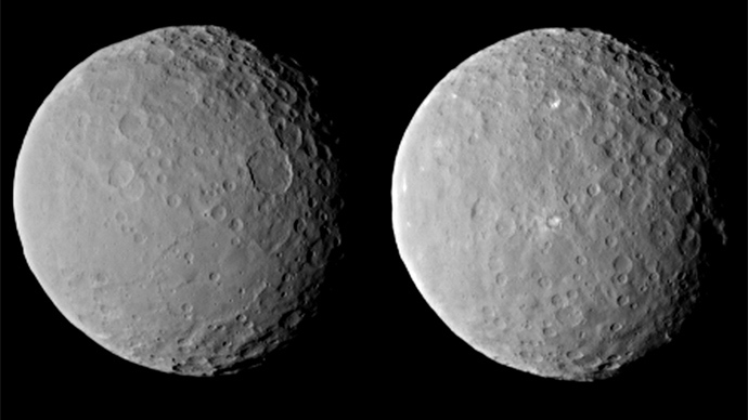 These images of dwarf planet Ceres, processed to enhance clarity, were taken on Feb. 19, 2015, from a distance of about 29,000 miles (46,000 kilometers), by NASA's Dawn spacecraft (Image from nasa.gov)